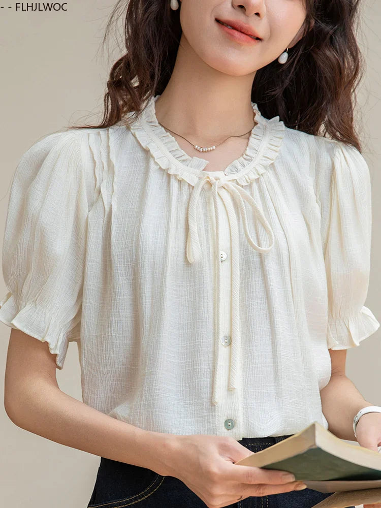 Cralom Stripe Floral Bow Tie Button Blouse Retro Vintage Preppy Style Tops