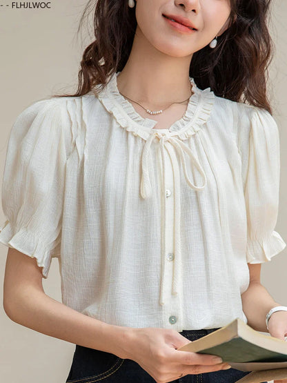 Cralom Stripe Floral Bow Tie Button Blouse Retro Vintage Preppy Style Tops