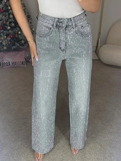 Cralom High Waist Rhinestone Straight Jeans | Streetwear Fashion Women's Denim