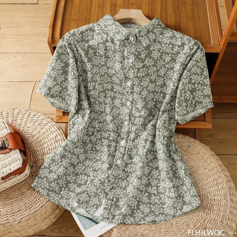 Cralom Vintage Floral Print Button Shirt Slim Waist Retro Design Women Summer Tops