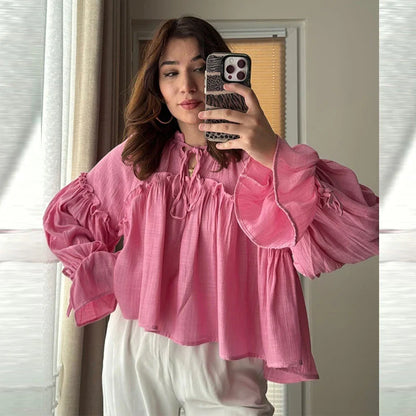 Cralom Casual Ruffles Shirt, Lantern Sleeves, Lace-Up O-Neck, Solid Color Streetwear