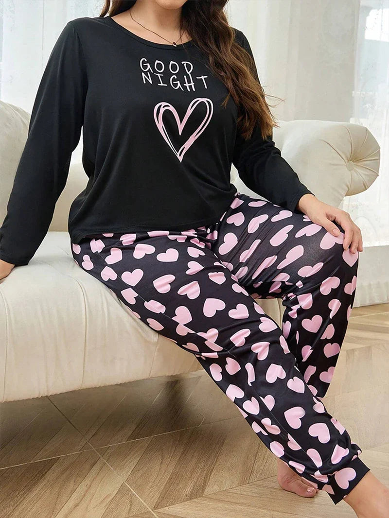Cralom Heart Print Pajama Set: Long Sleeve Tops & Soft Elastic Pants