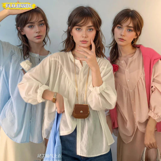 Cralom 4 Colors Fairy Tops Blouses Chic Casual Loose Girls Woman Retro Vintage Shirts