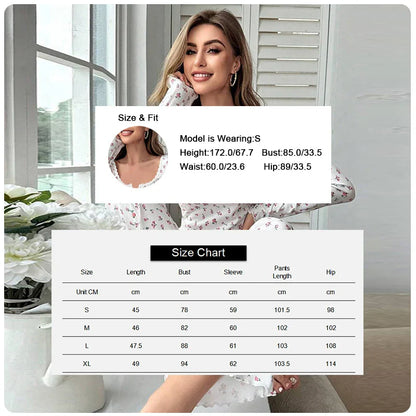 Cralom Printed Pajama Set: Long Sleeve Top, Elastic Waist Pants, Casual Spring Home Clothes