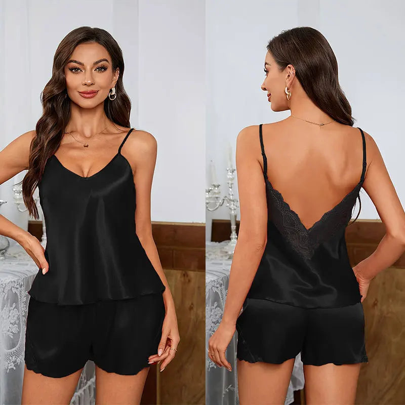 Cralom Lace Luxury Sleepwear Set: Backless Deep V Cami & Shorts