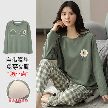 Cralom Cotton Pajama Set with Chest Pads, Long-sleeved Soft Sleepwear for Women