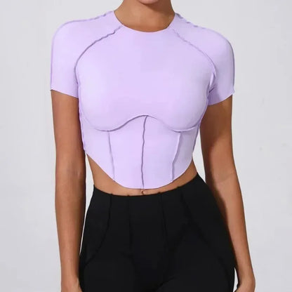 Cralom Seamless Yoga Short Sleeve Top for Running Workout - No Padding