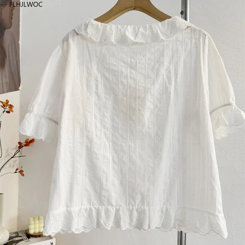 Cralom Ruffled Lace Summer Top - White Short Sleeve Casual Hollow Out Shirt