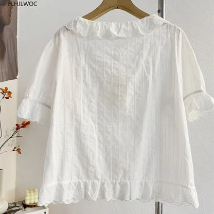 Cralom Ruffled Lace Summer Top - White Short Sleeve Casual Hollow Out Shirt