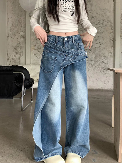 Cralom Vintage Blue Washed High Waist Straight Jeans for Women