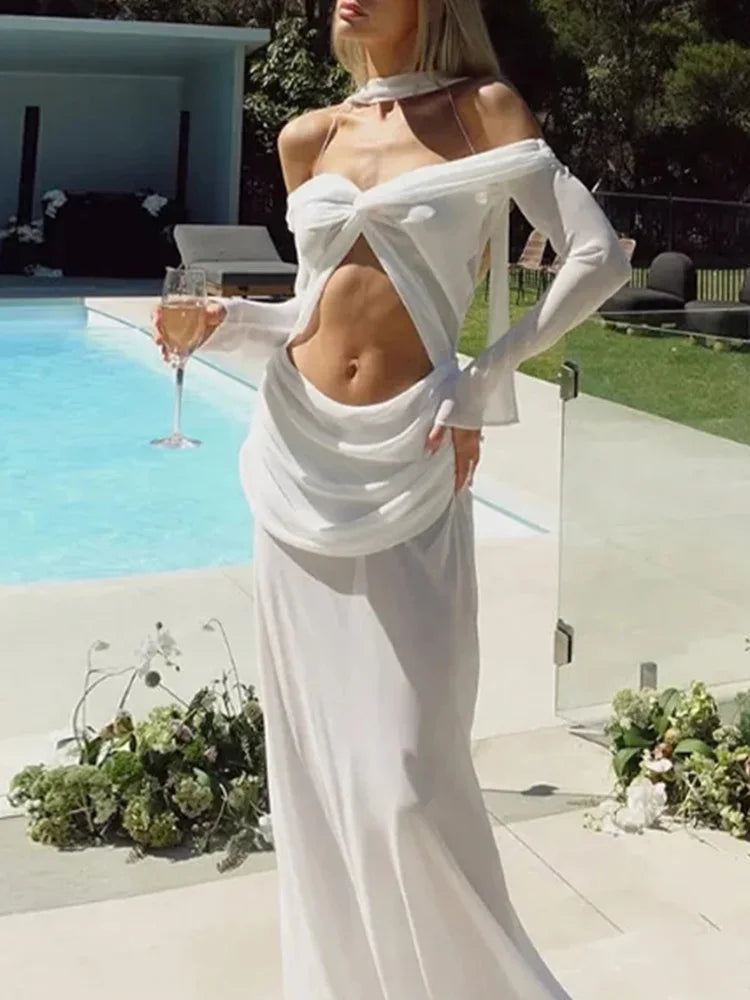 Cralom Elegant Solid Long Sleeve Maxi Dress for Summer Events