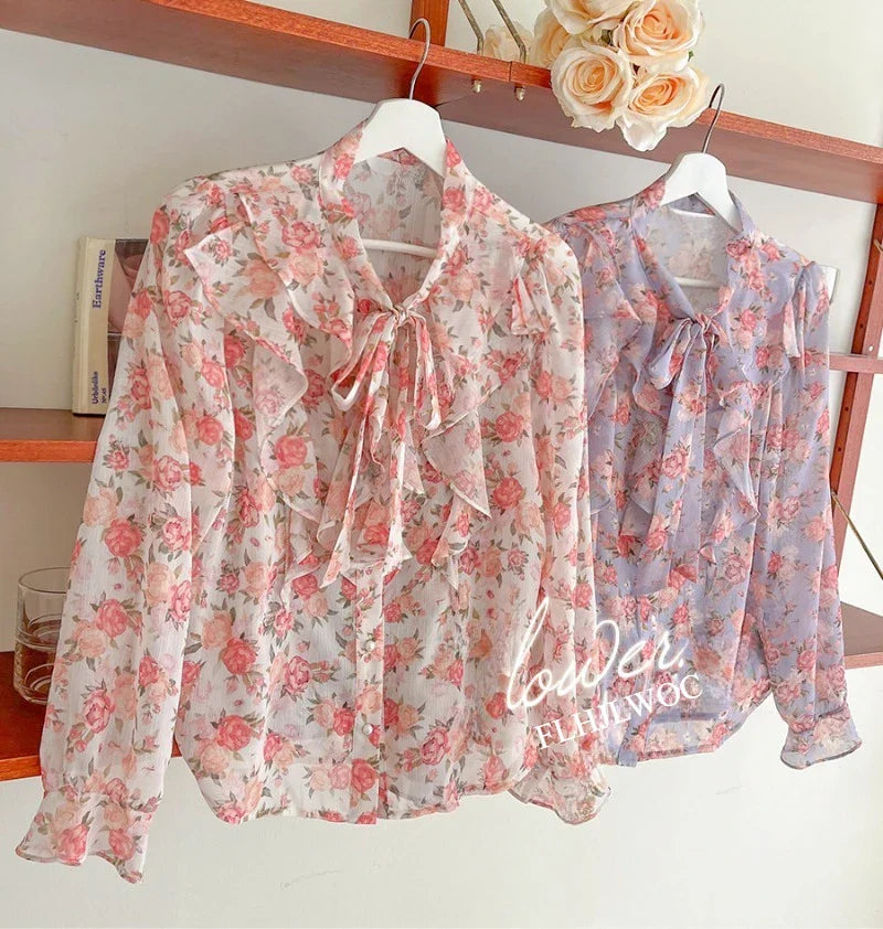 Cralom Vintage Flower Print Women's Ruffled Bow Tie Long Sleeve Shirt - Pink Chic Button Top