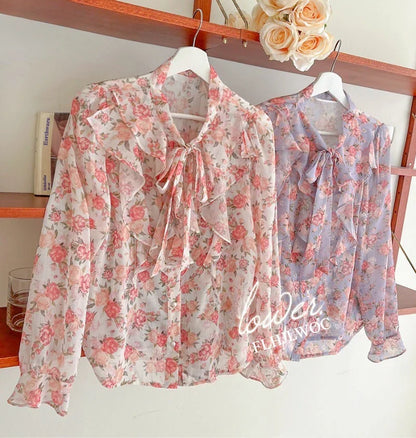 Cralom Vintage Flower Print Women's Ruffled Bow Tie Long Sleeve Shirt - Pink Chic Button Top