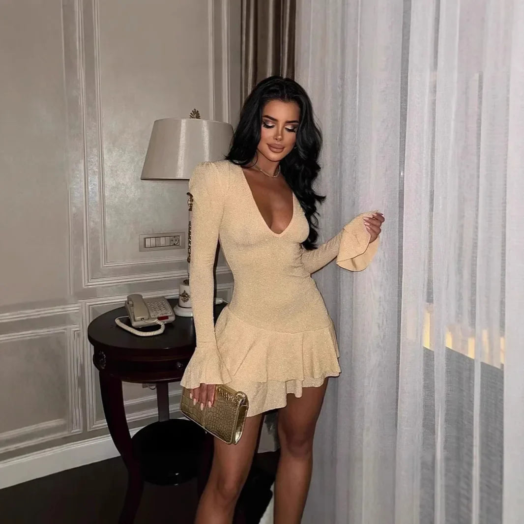 Cralom Deep V-neck Tight Sleeve Dress: Stylish Hip Hugging Mini Skirt