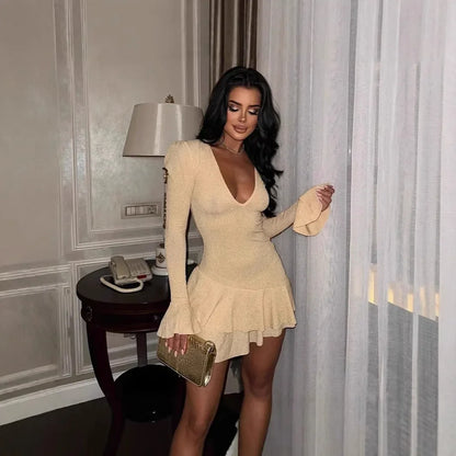 Cralom Deep V-neck Tight Sleeve Dress: Stylish Hip Hugging Mini Skirt