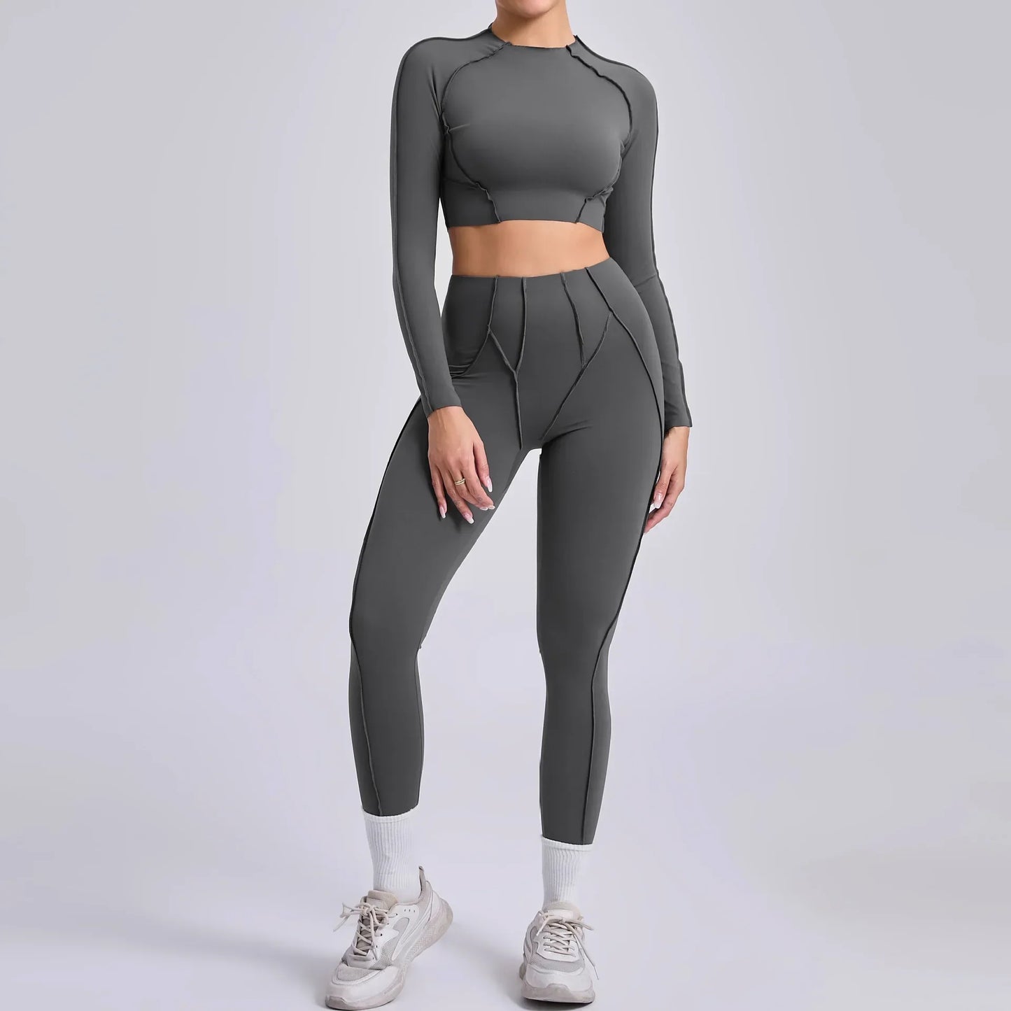 Cralom Seamless Yoga Set High Waisted Tummy Control Pleated Hip Lifting Workout Suit