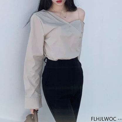 Cralom Button Blue One Shoulder Top: Office Chic Flare Sleeve Blouse