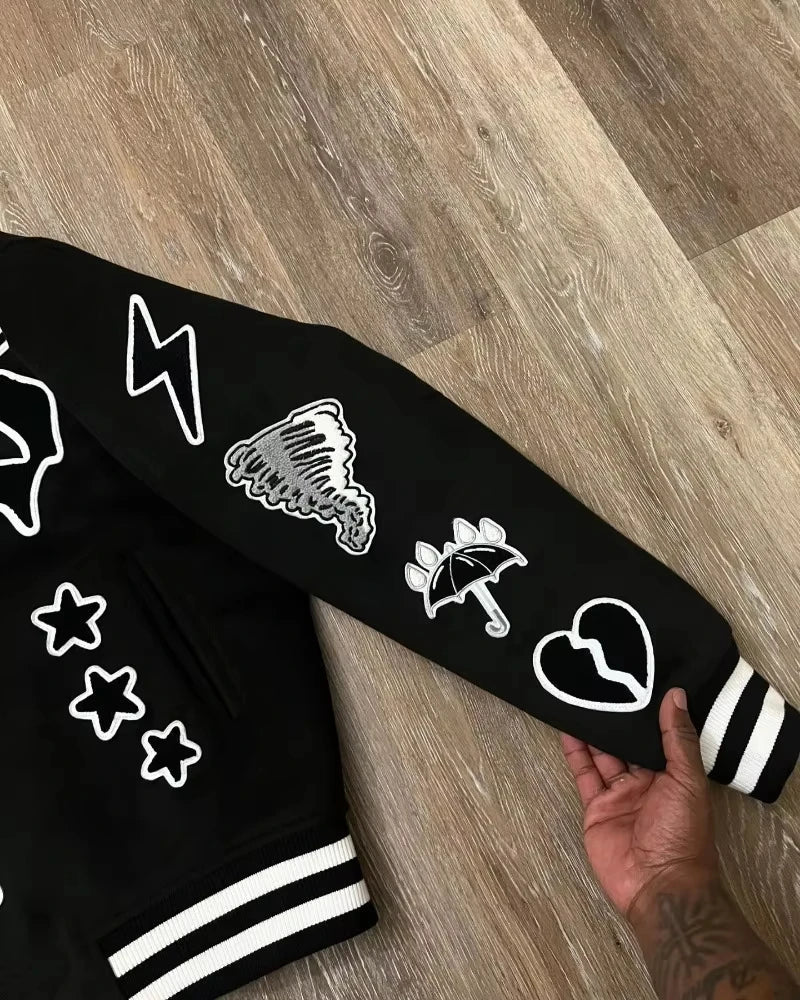 Cralom Geometric Letters Flocking Baseball Uniform Men Y2K Jacket