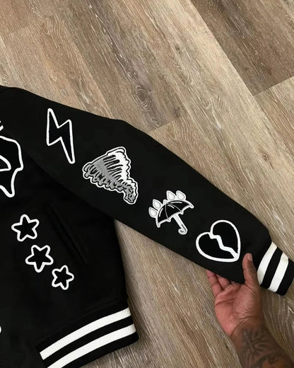 Cralom Geometric Letters Flocking Baseball Uniform Men Y2K Jacket