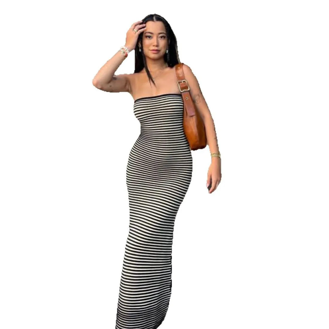 Cralom Knitted Striped Strapless Long Dress - Slim Fit, Hip Hugging Cotton Wool Woven
