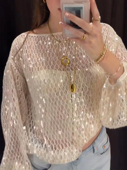 Cralom Sequin Knit Blouse: Women's Long Sleeve Pullover Top, Chic Vacation Style