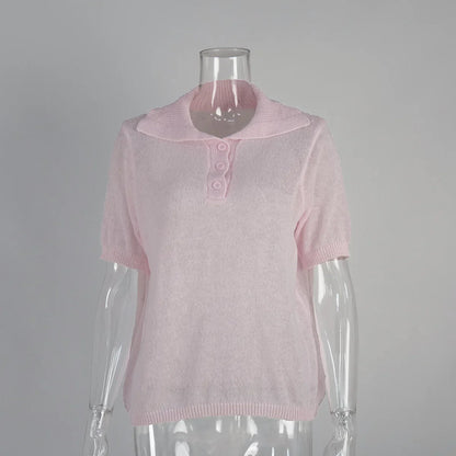 Cralom Summer Knit Polo Bubble Sleeve Sweater for Women