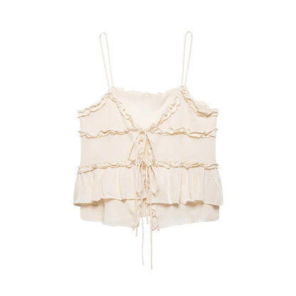 Cralom Ruffled Sling Vest - V Neck Lace Up Sleeveless Top