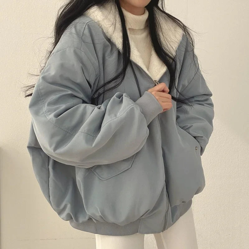 Cralom Women's Cashmere Padded Hooded Jacket Double-Sided Lamb Wool Coat