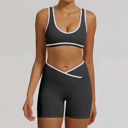 Cralom Seamless Yoga Set: Cross Waistband Butt Lifting Shorts & Sports Bra