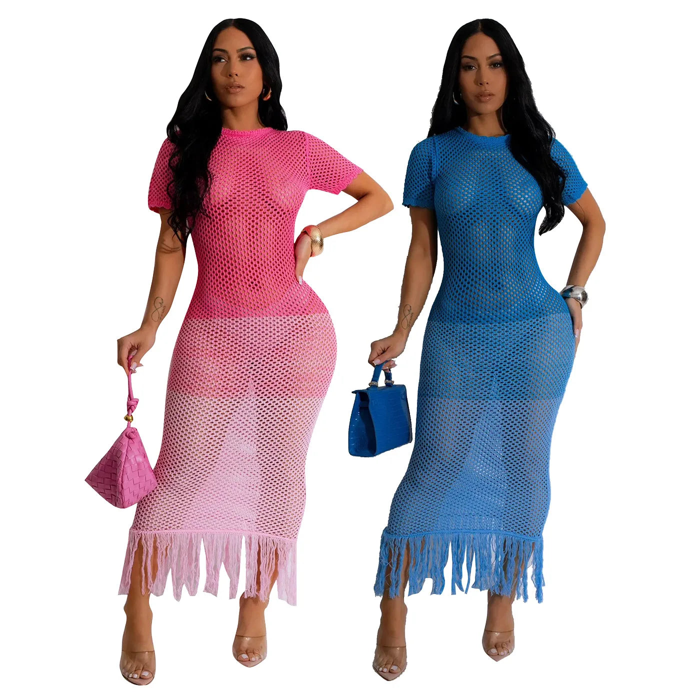Cralom Gradient Color Short Sleeve Hollow Mesh Knitted Beach Skirt