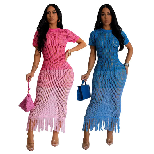 Cralom Gradient Color Short Sleeve Hollow Mesh Knitted Beach Skirt