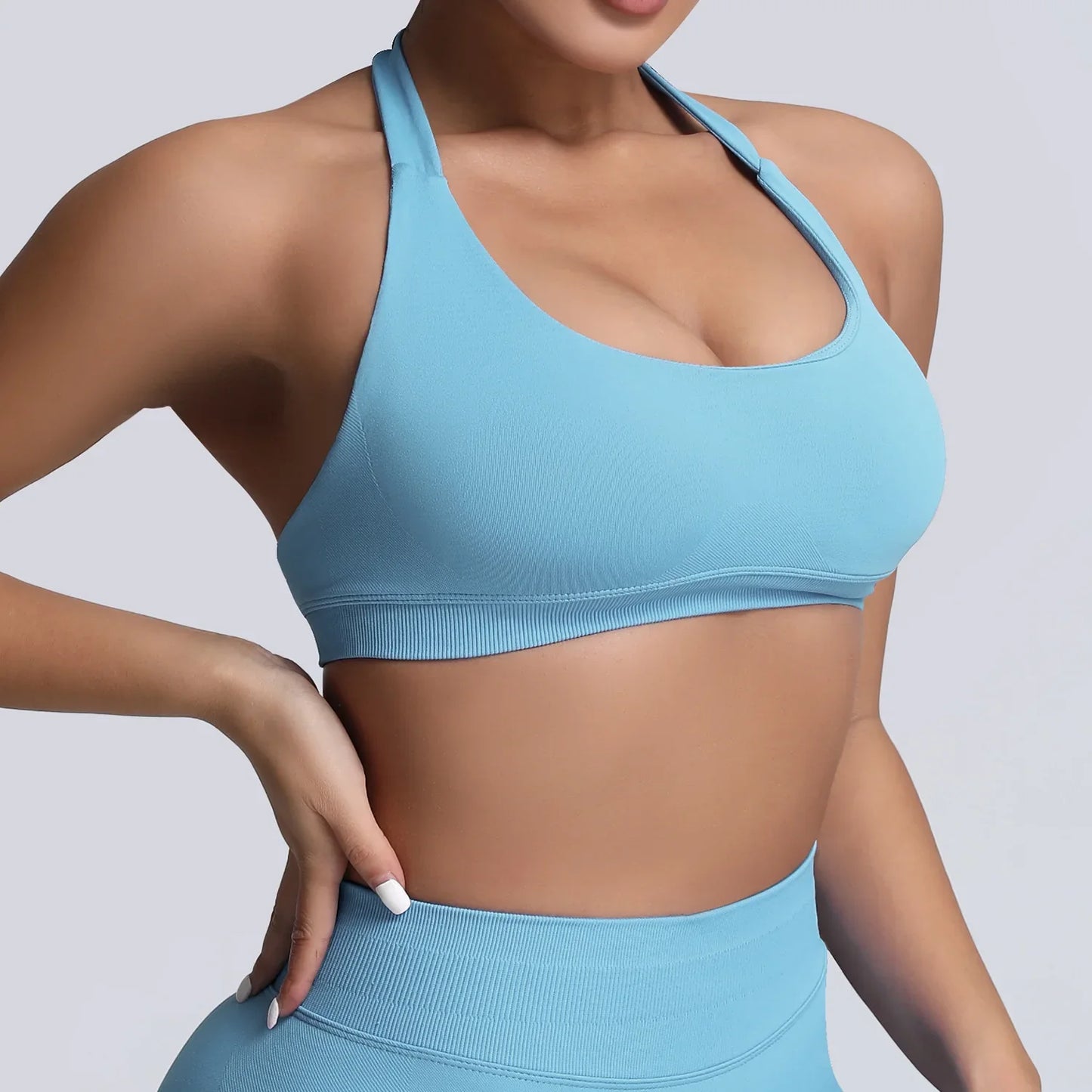 Cralom Yoga Halter Sports Bra Open Back Padded Crop Top Gym Fitness Running Top