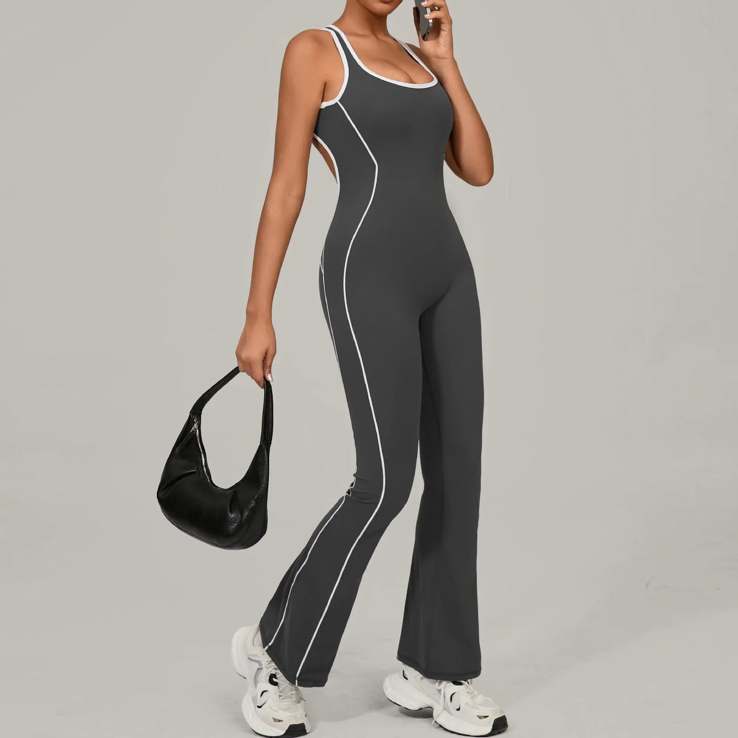 Cralom Seamless Yoga Jumpsuit: Back Hollow Butt Lifting Bootcut Bodysuit