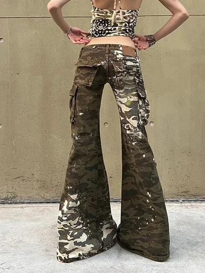Cralom Vintage Washed Cargo Jeans Women High Waist Loose Straight Pants