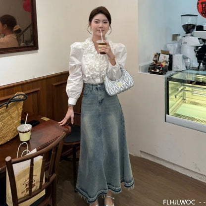 Cralom 2024 Autumn Chic White Button Blouse Solid Korea Fashion Tops.
