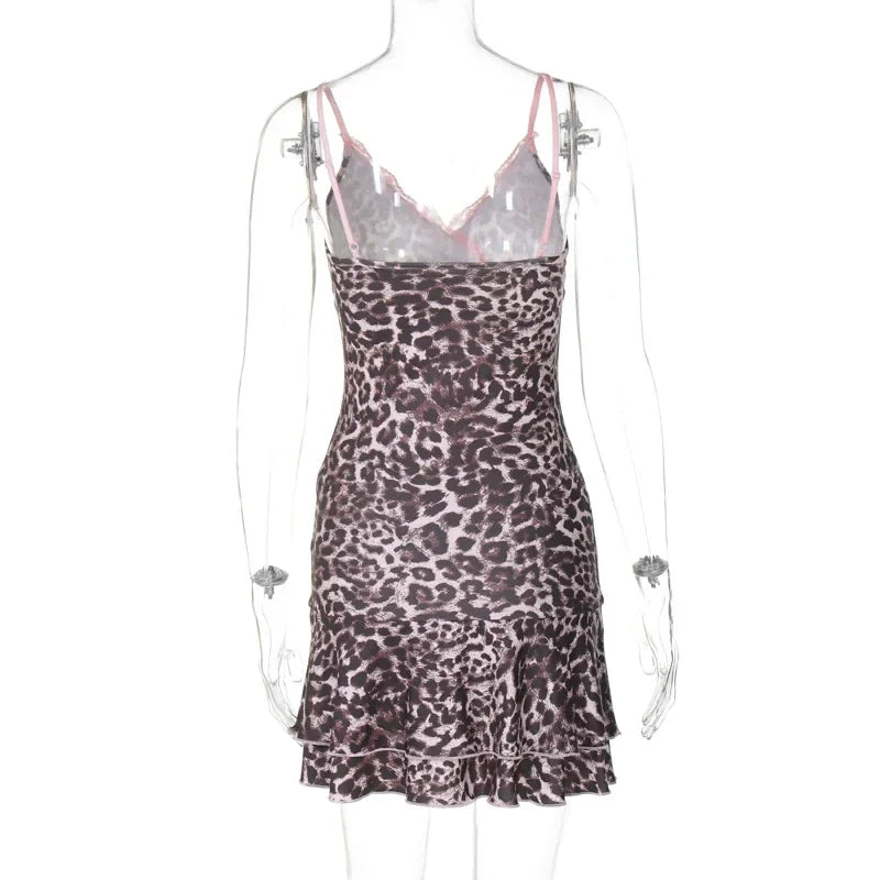 Cralom Leopard Print Lace Patchwork Mini Dress - Y2K Style Slim Fit Pleated Outfit