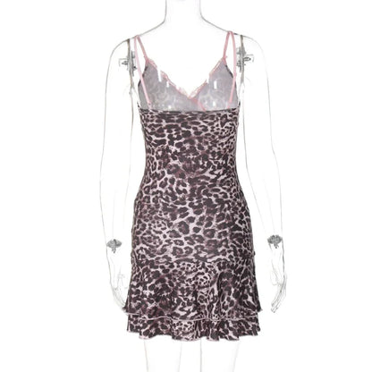 Cralom Leopard Print Lace Patchwork Mini Dress - Y2K Style Slim Fit Pleated Outfit