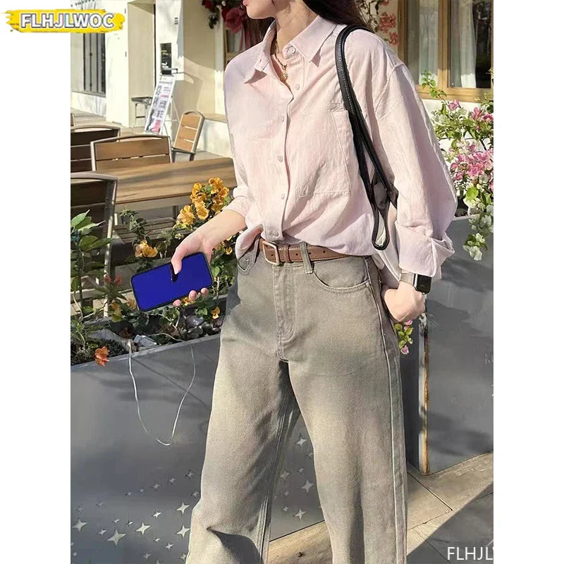 Cralom Retro Vintage Button-Up Blouse_Long Sleeve Loose Fit Boyfriend Style