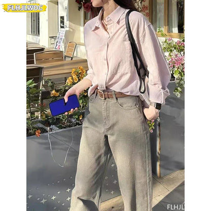 Cralom Retro Vintage Button-Up Blouse_Long Sleeve Loose Fit Boyfriend Style