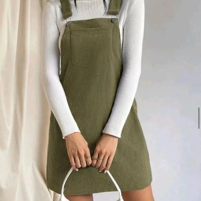 Cralom Corduroy Strap Dress Women's Loose Solid Color Skirt