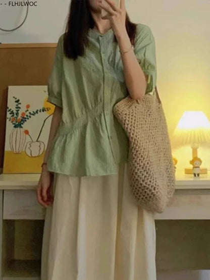 Cralom Retro Vintage Plaid Green Button Blouse Summer Casual Short Sleeve