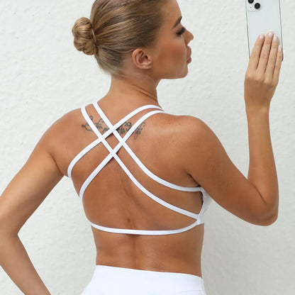 Cralom Cross Back Sports Bra, Padded Yoga Crop Top, Fitness Gym Workout Bra