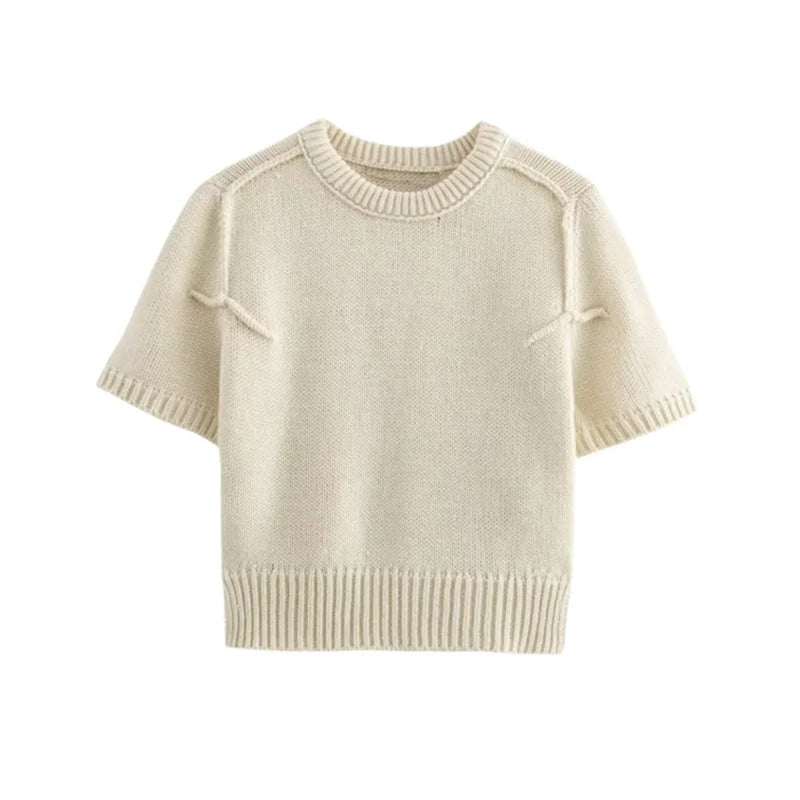 Cralom Vintage Cropped Knit Sweater, Round Neck Short Sleeve Pullover