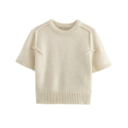 Cralom Vintage Cropped Knit Sweater, Round Neck Short Sleeve Pullover