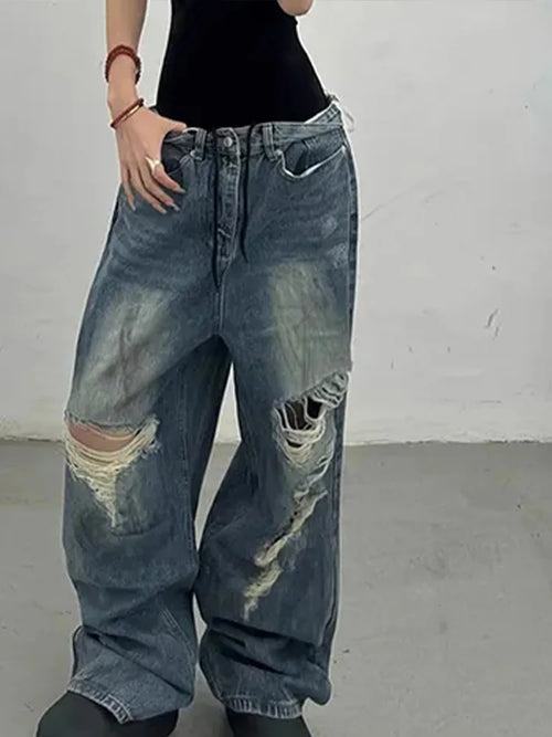 Cralom Distressed Washed Wide Leg Jeans - Y2K Streetwear High Waist
