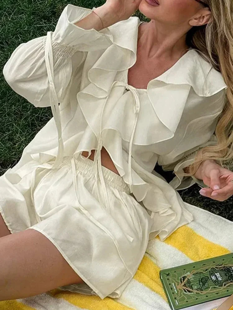 Cralom V Neck Solid Shorts Set 2025 Summer Outfits