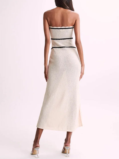 Cralom Women's Strapless Stripes Knit Midi Dress with Bowknot