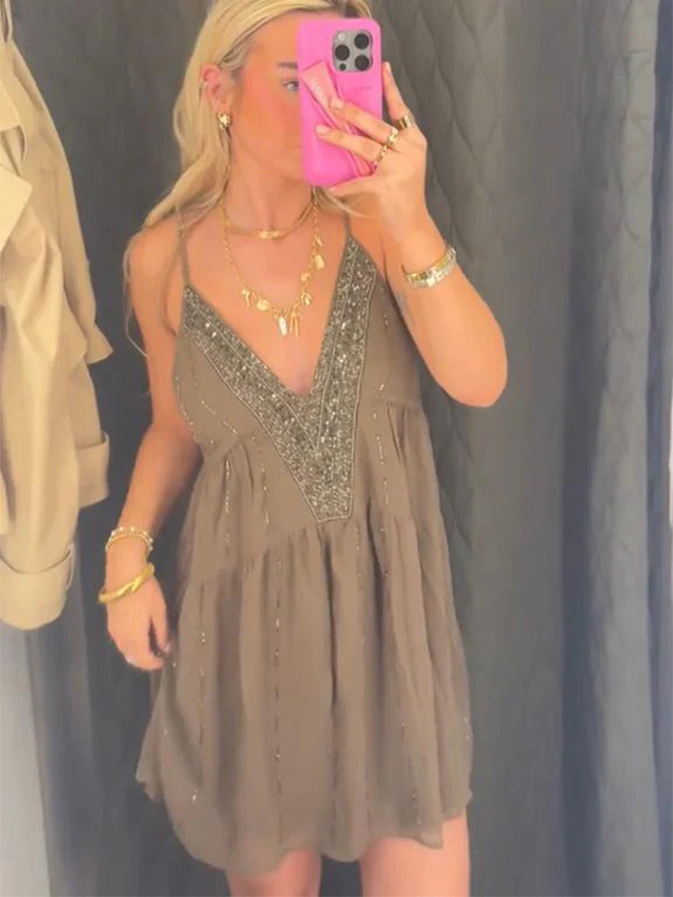 Cralom Sequin Embroidery Halter Vest Rhinestone Lace Up Sleeveless Top