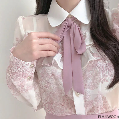 Cralom Ruffled Bow Tie Tops Pink White Blouses