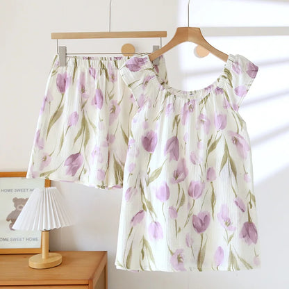 Cralom 100% Cotton Crepe Summer Pajama Set: Vest & Shorts Two Piece Sleepwear